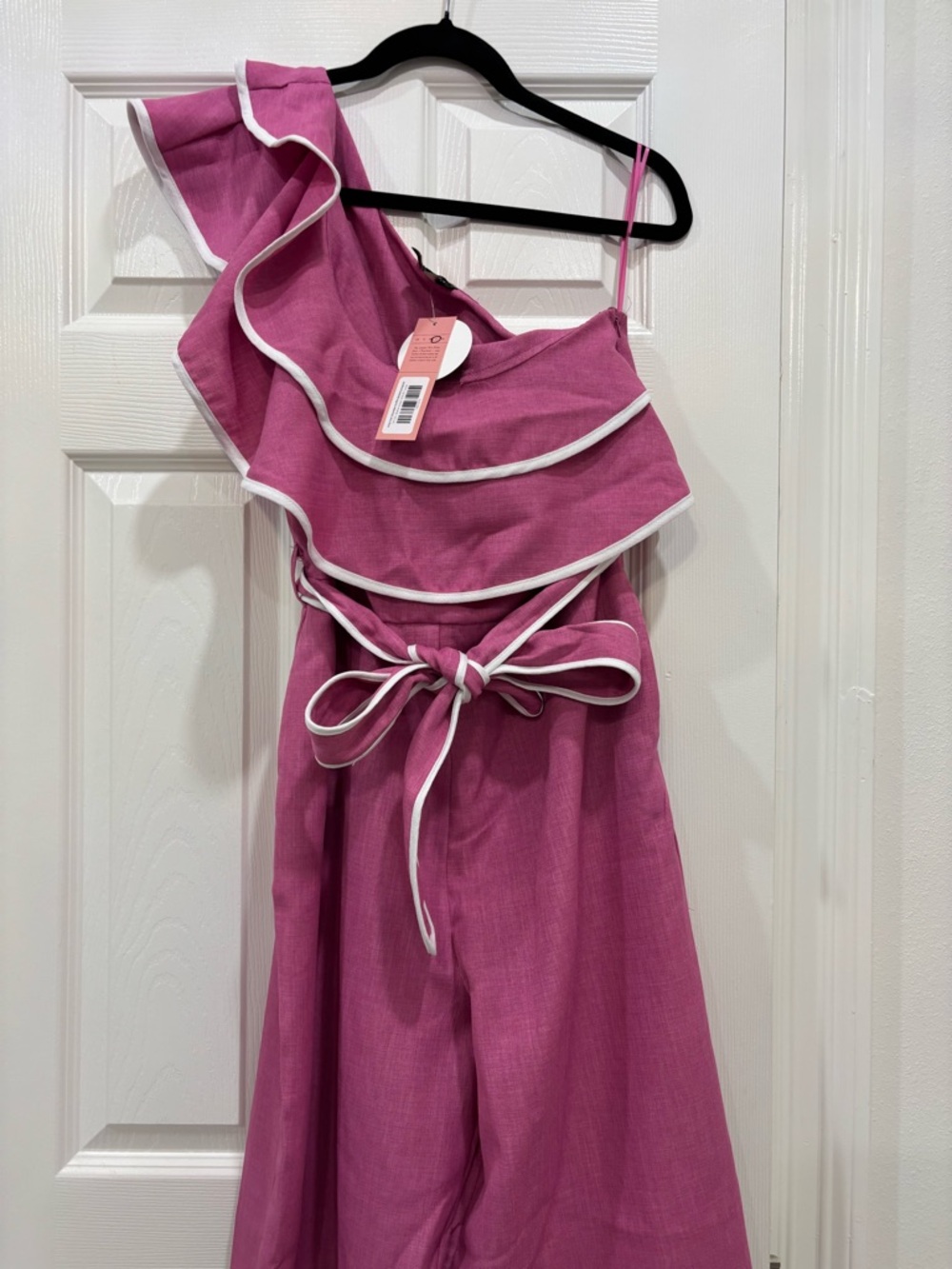 Honeyme Pink Ruffle One-Shoulder Jumpsuit with White Trim